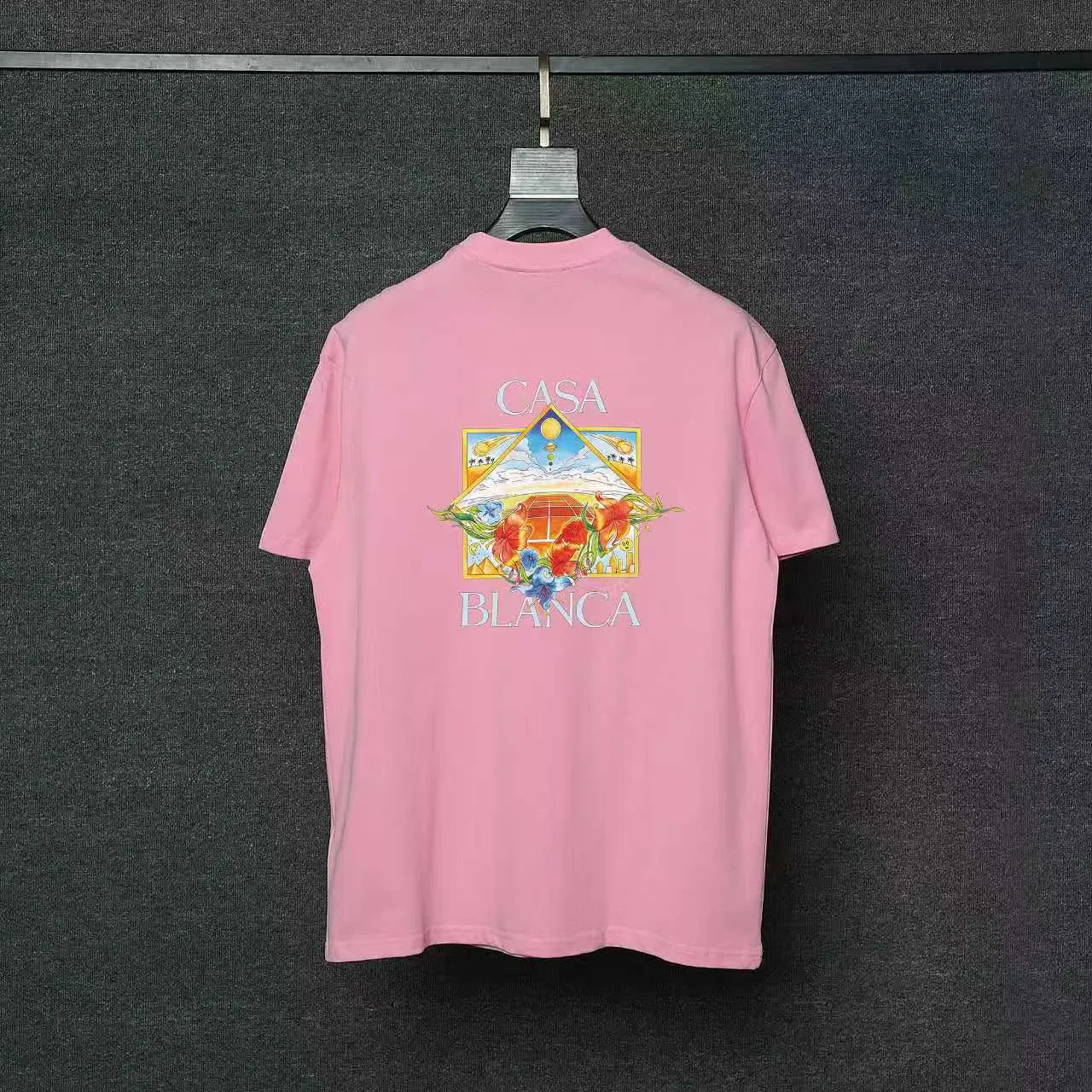26ss CASABLANCA original printing process short-sleeved T-shirt original development using high-density double yarn pure cotton fabric upper body soft and comfortable color Black White Dark Green color Orange Pink Blue Royal Blue color cigarette powder 8 colors Sizes S M L XL